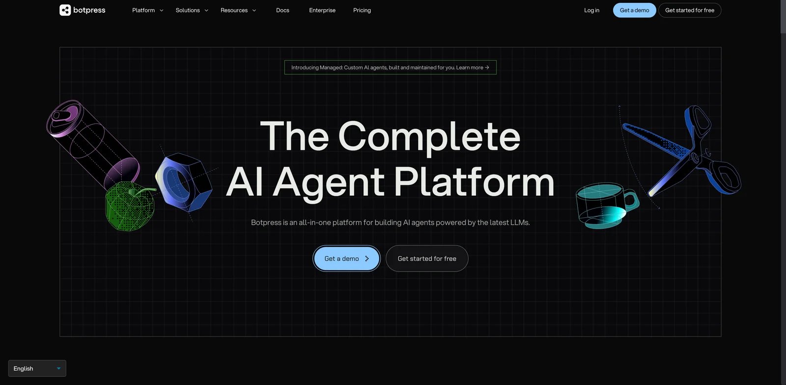 Botpress interface showing the visual agent flow builder with nodes for tools and conditions