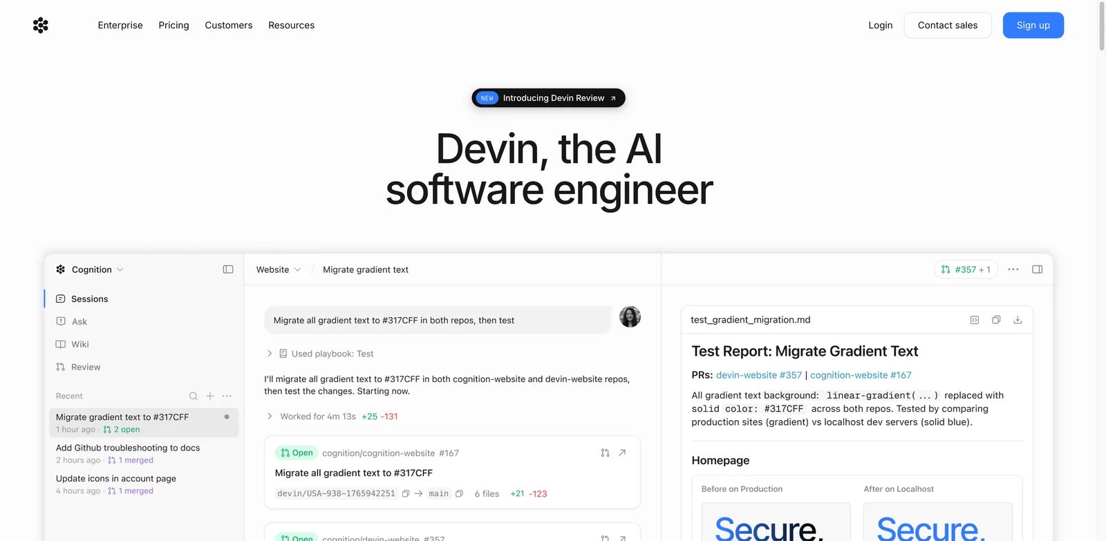 Devin interface showing an autonomous coding agent planning and executing a pull request