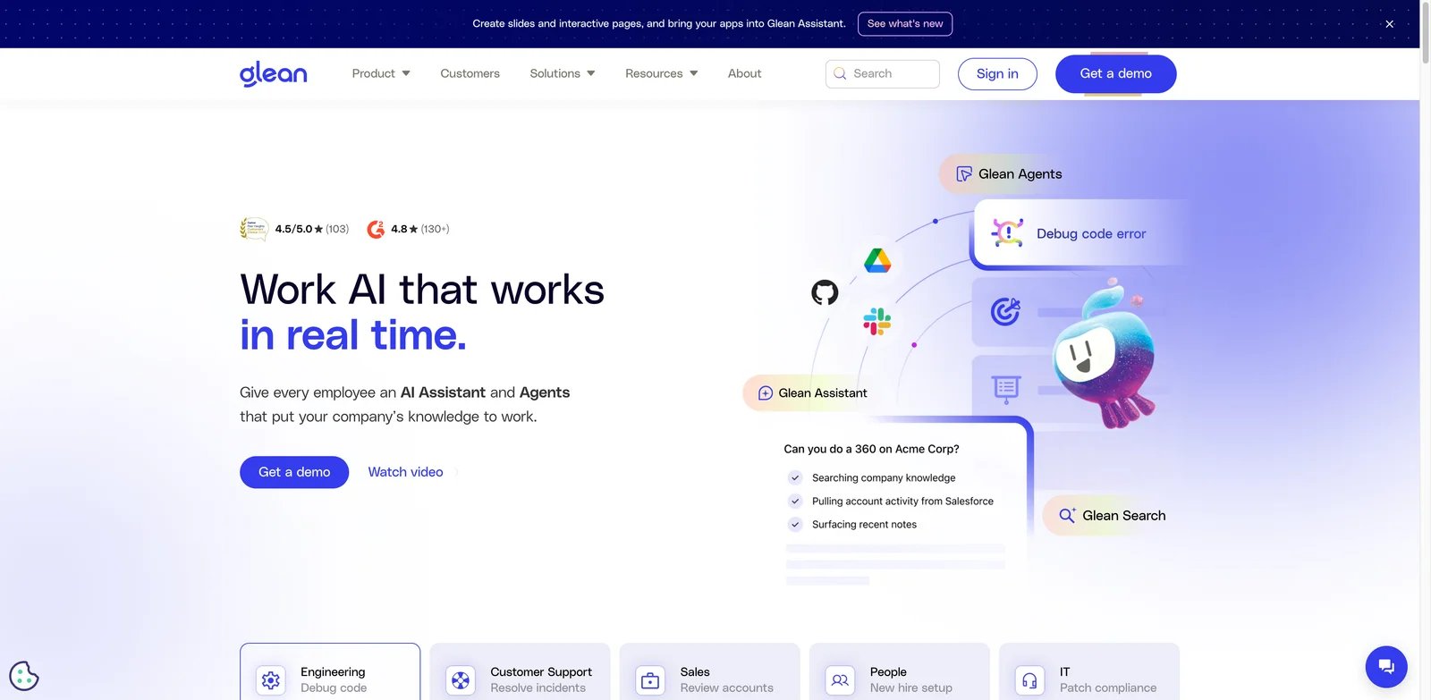 Glean interface showing enterprise search results and agent actions across connected apps