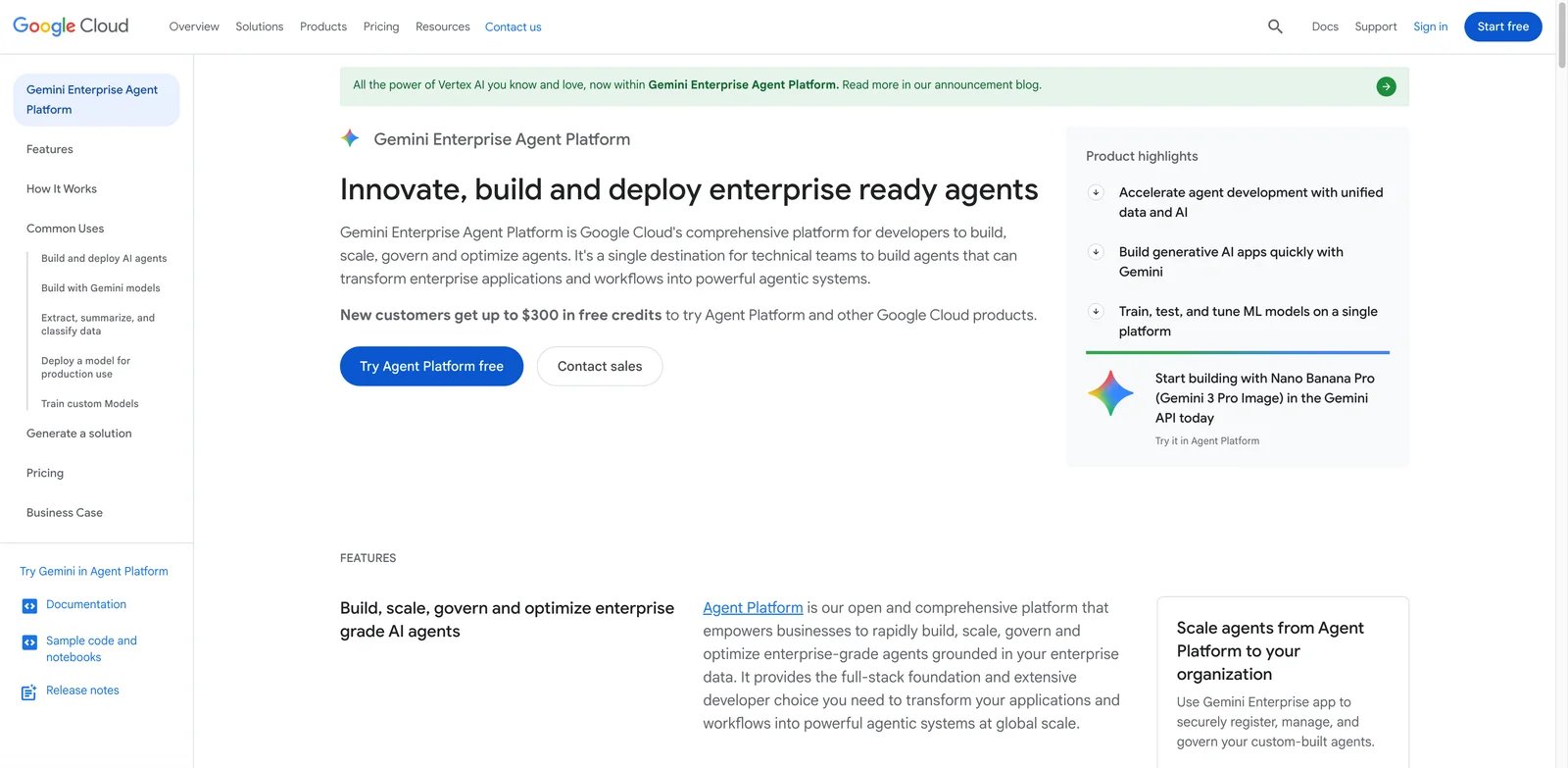 Google Gemini Enterprise Agent Platform interface showing agent builder grounded in Google Cloud data