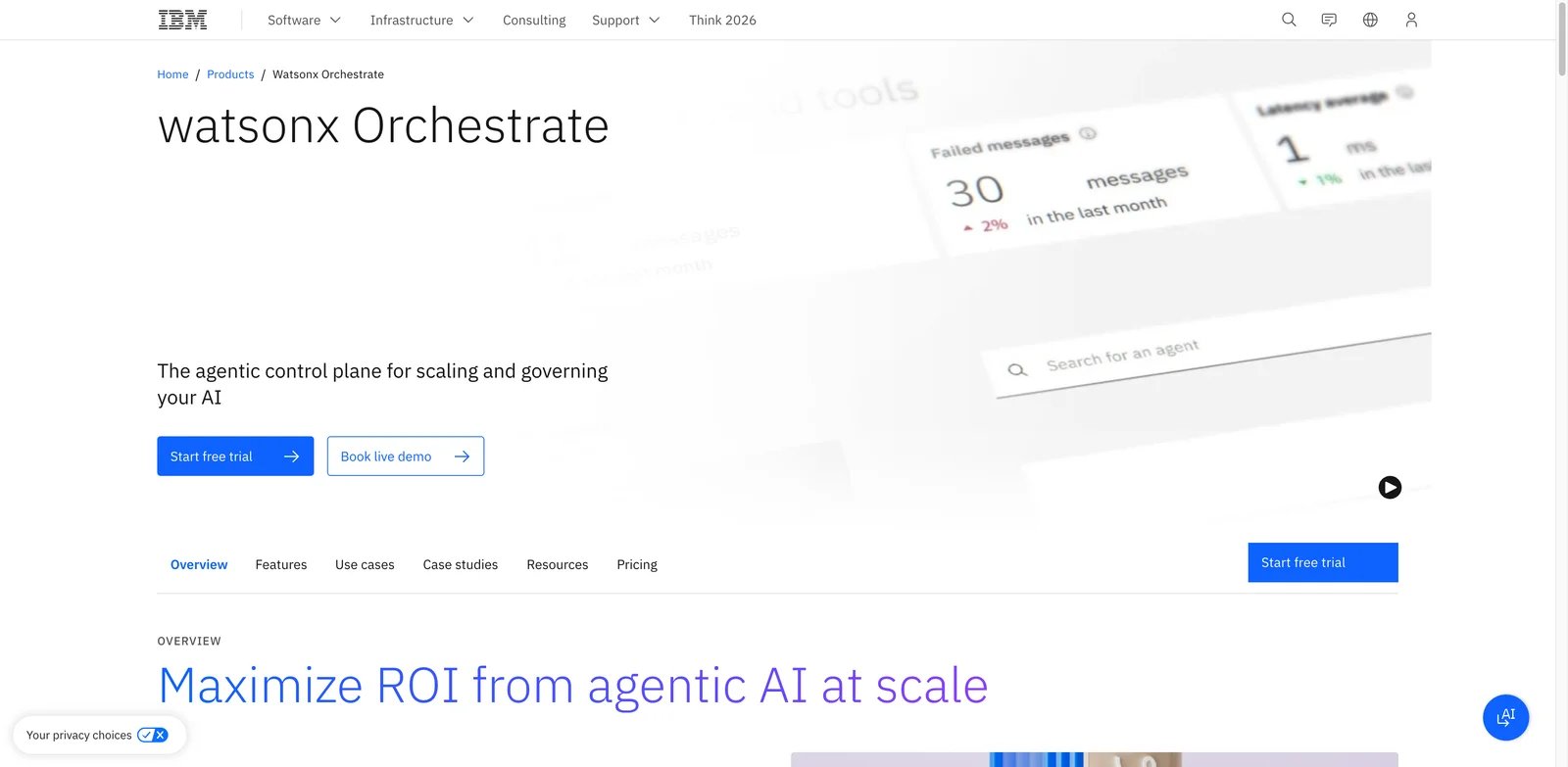 IBM watsonx Orchestrate interface showing multi-agent orchestration with enterprise connectors