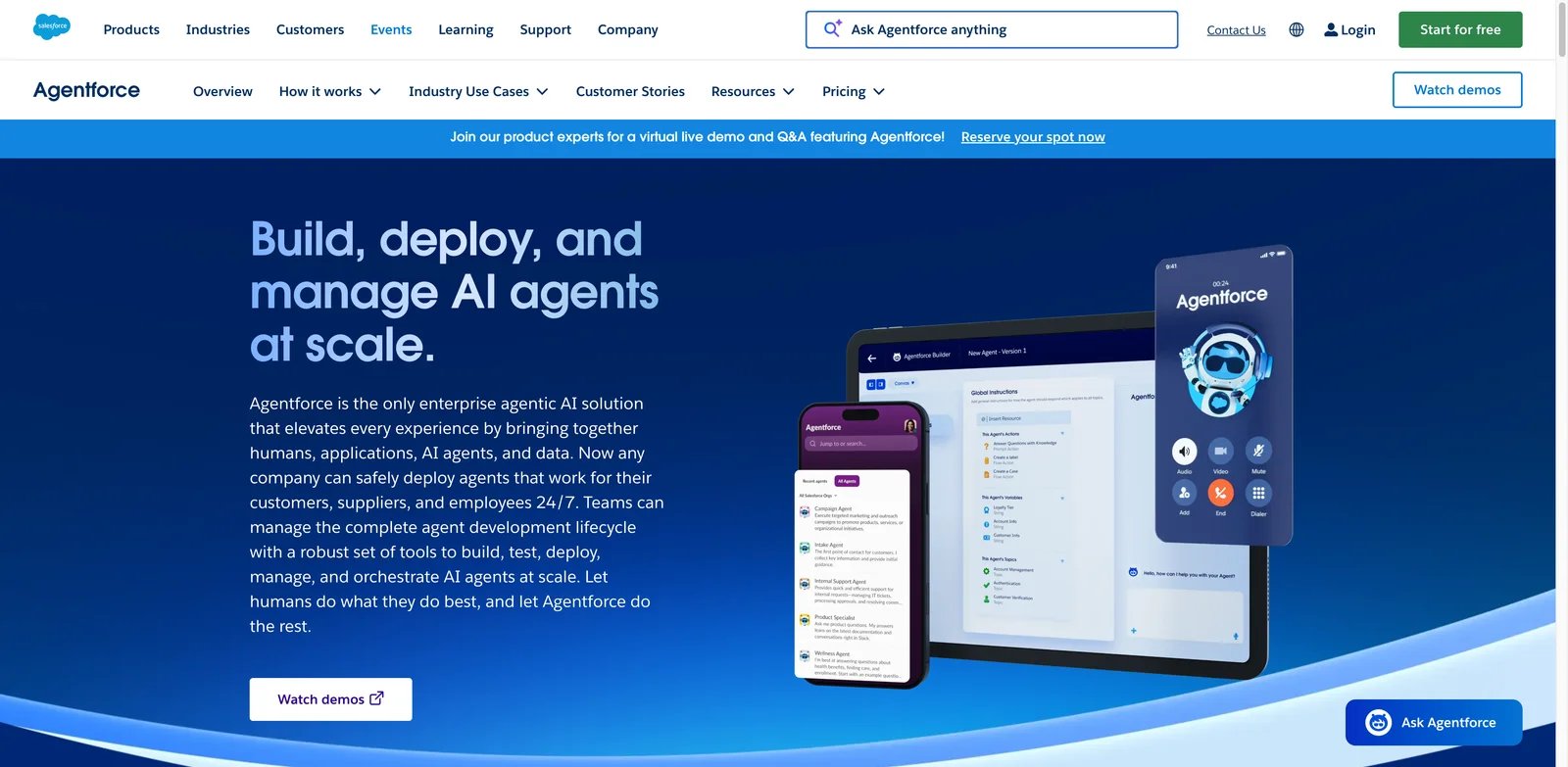 Salesforce Agentforce interface showing the Agent Builder with topics and actions inside Salesforce